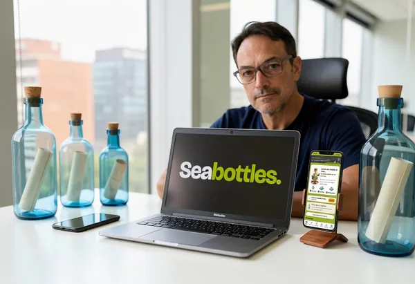 Fernando Debernardi at his desk, with Seabottles on the laptop and the phone
