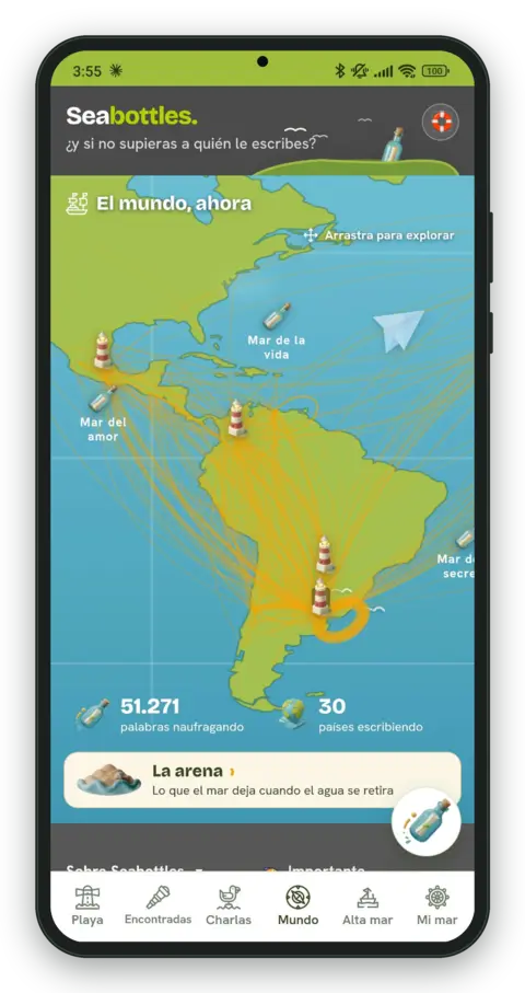 Seabottles screenshot: the world, right now
