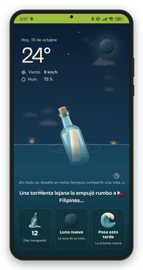 Seabottles screenshot: a bottle at sea, at night