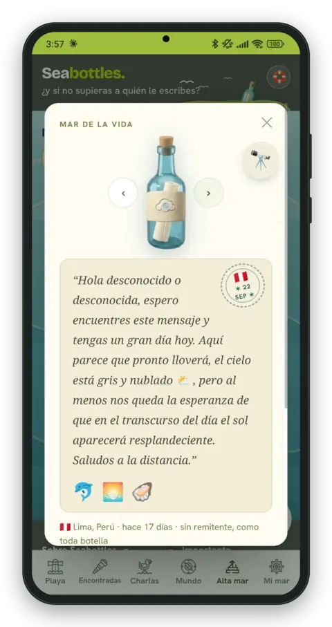 Seabottles screenshot: an opened bottle