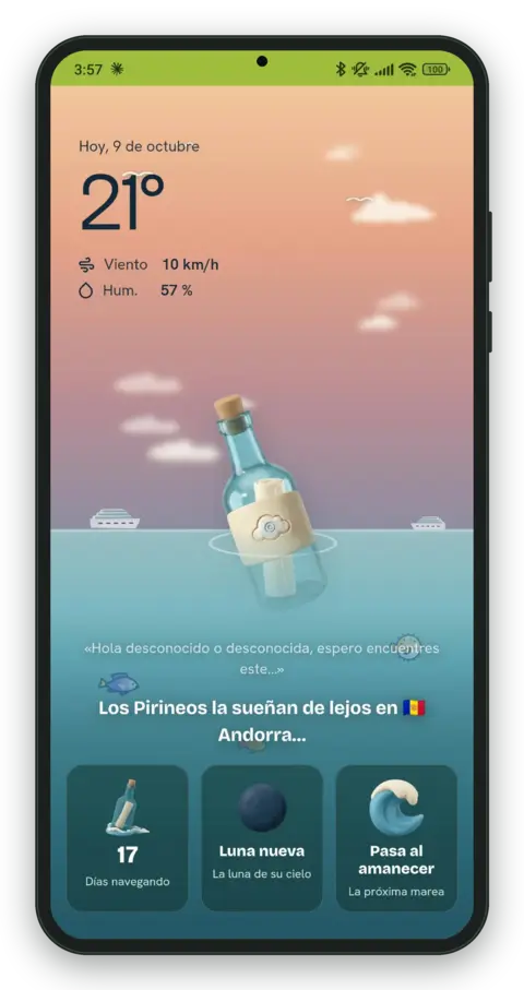 Seabottles screenshot: a bottle at sea, by day