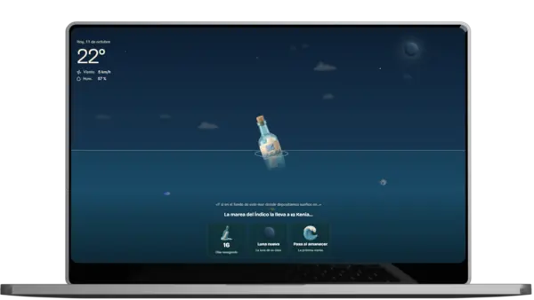 Seabottles screenshot on a computer: a bottle at sea, at night